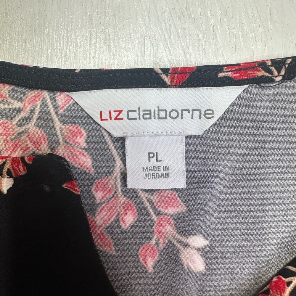 Liz Claiborne PL Floral Blouse Bell Sleeve Black Red Pink Top - Picture 6 of 8